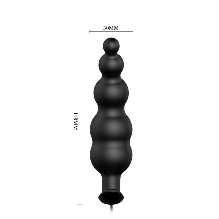 Schwarzes, perlenartiges Sexspielzeug mit Maßangaben von 30mm Breite und 118mm Höhe.