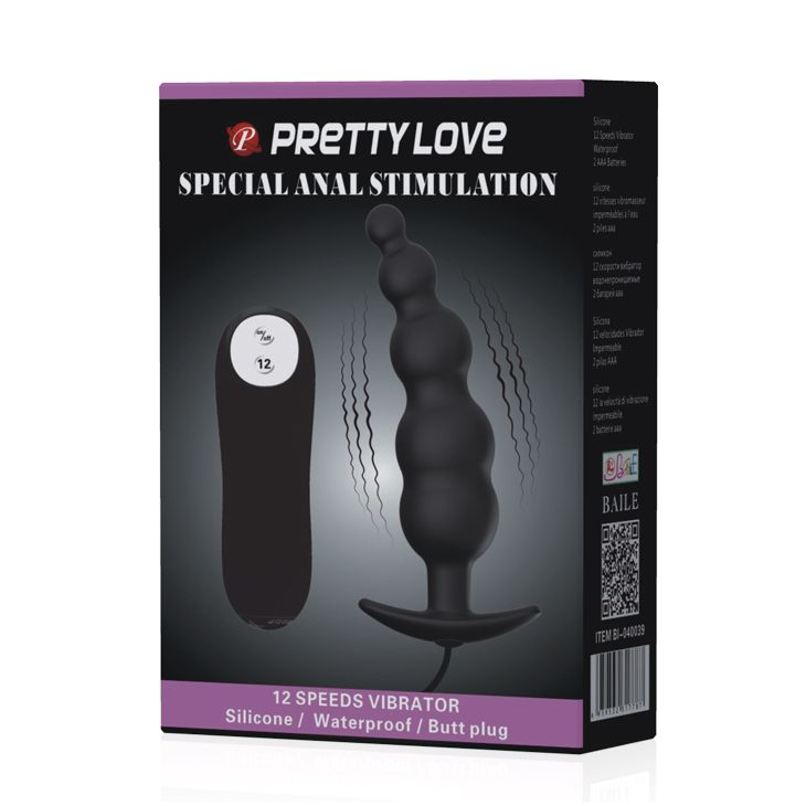 Produktverpackung eines schwarzen, kabellosen 12-Stufen-Silikon-Analdildo-Vibrators mit Fernbedienung.