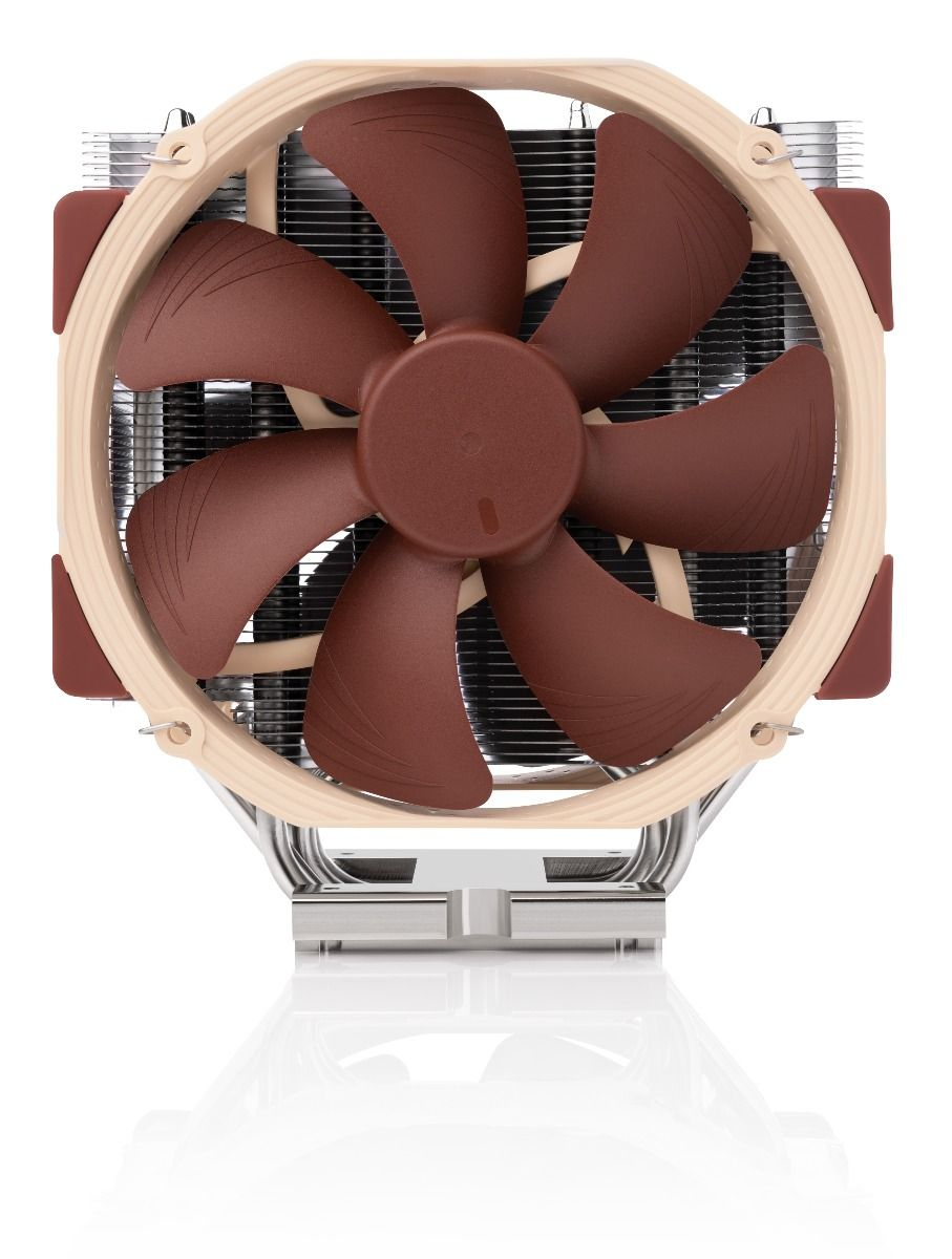 A CPU cooler featuring silver metal fins, brown and beige fan blades, and a metal mounting base.
