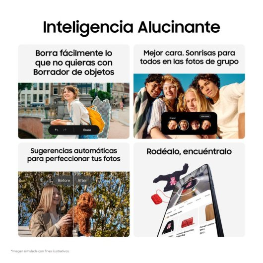 Quattro riquadri mostrano funzioni IA come rimozione oggetti, correzione volti ed editing.