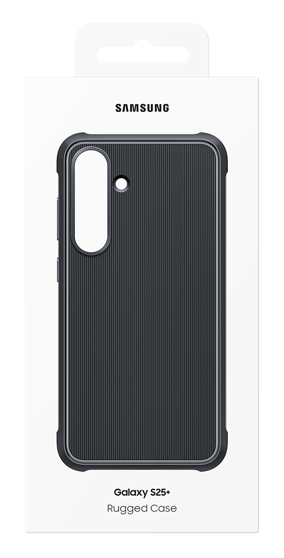 Robustes Samsung Galaxy S25+ Schutzcase in Schwarz in weißer Verpackung.