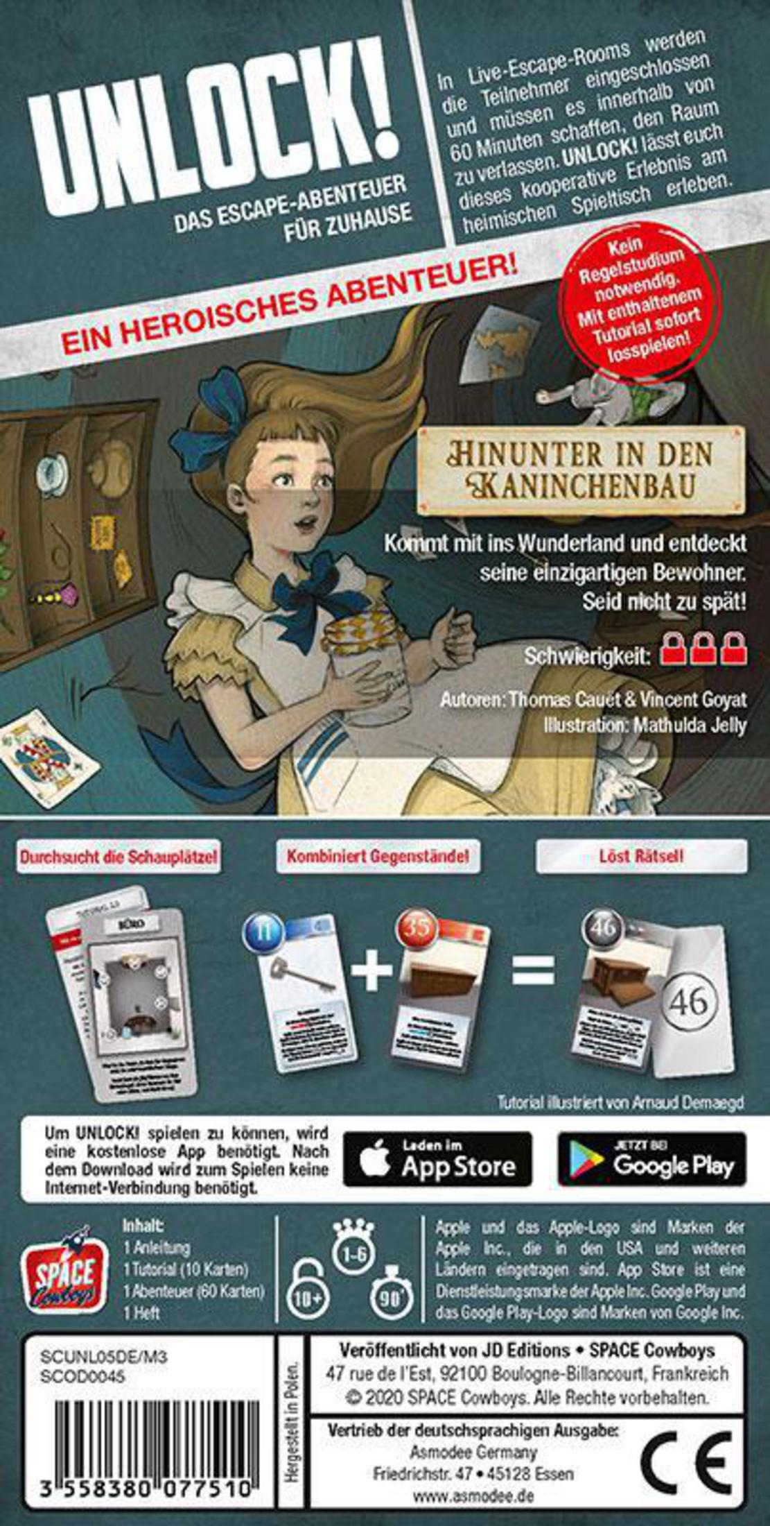 Rückseite des Unlock! Escape-Spiels mit Alice im Wunderland Motiv, Spielregeln und App-Hinweisen.