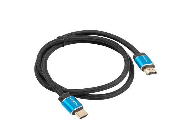 A coiled black braided HDMI cable with blue metallic connectors on a white background.