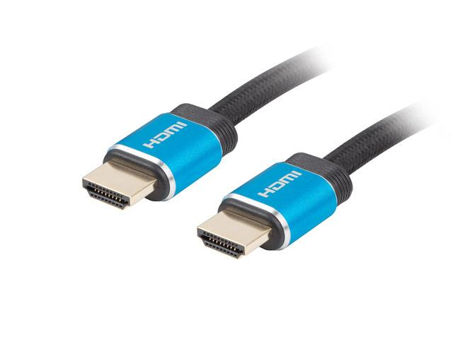 Two HDMI cables with blue connectors and gold-plated pins on a white background.