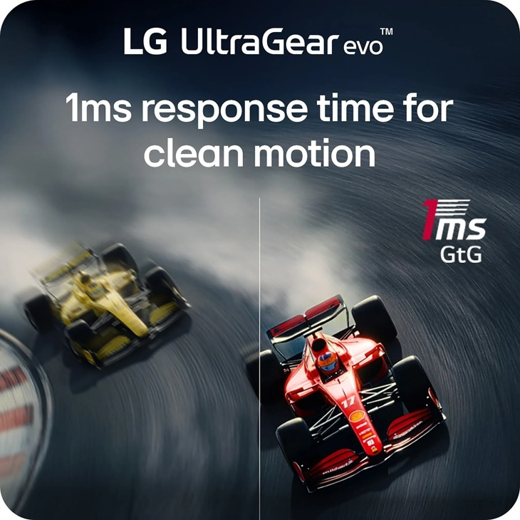 Pubblicità LG UltraGear con auto di Formula 1 veloci, sfocate a sinistra e nitide a destra.