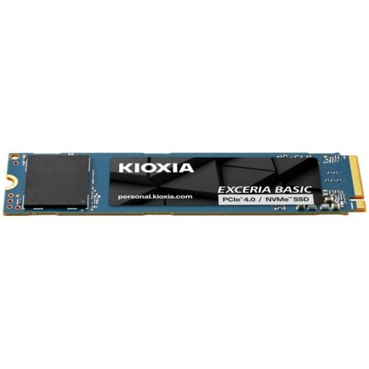 A Kioxia Exceria Basic NVMe M.2 SSD with a black label on a blue circuit board against a white background.