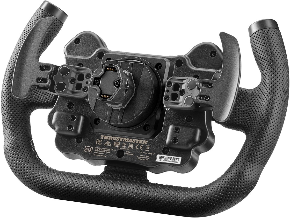 Vista posteriore di un volante da corsa Thrustmaster nero con impugnature.