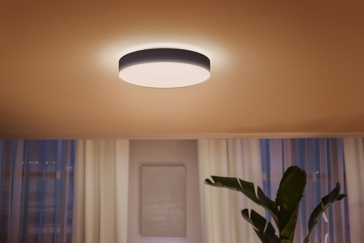 Una lámpara de techo redonda y negra emite luz cálida sobre un techo claro, con cortinas y una planta al fondo.
