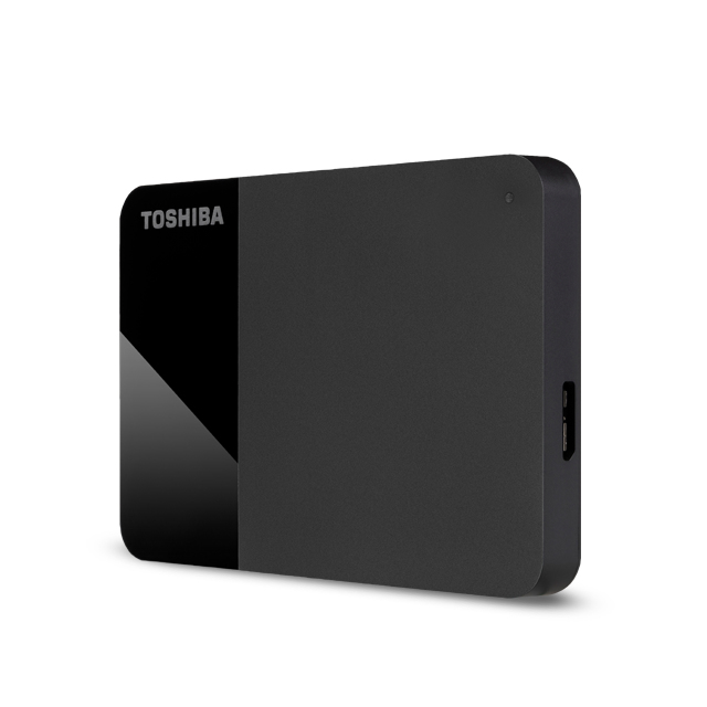 A black Toshiba external hard drive shown at an angle on a white background.
