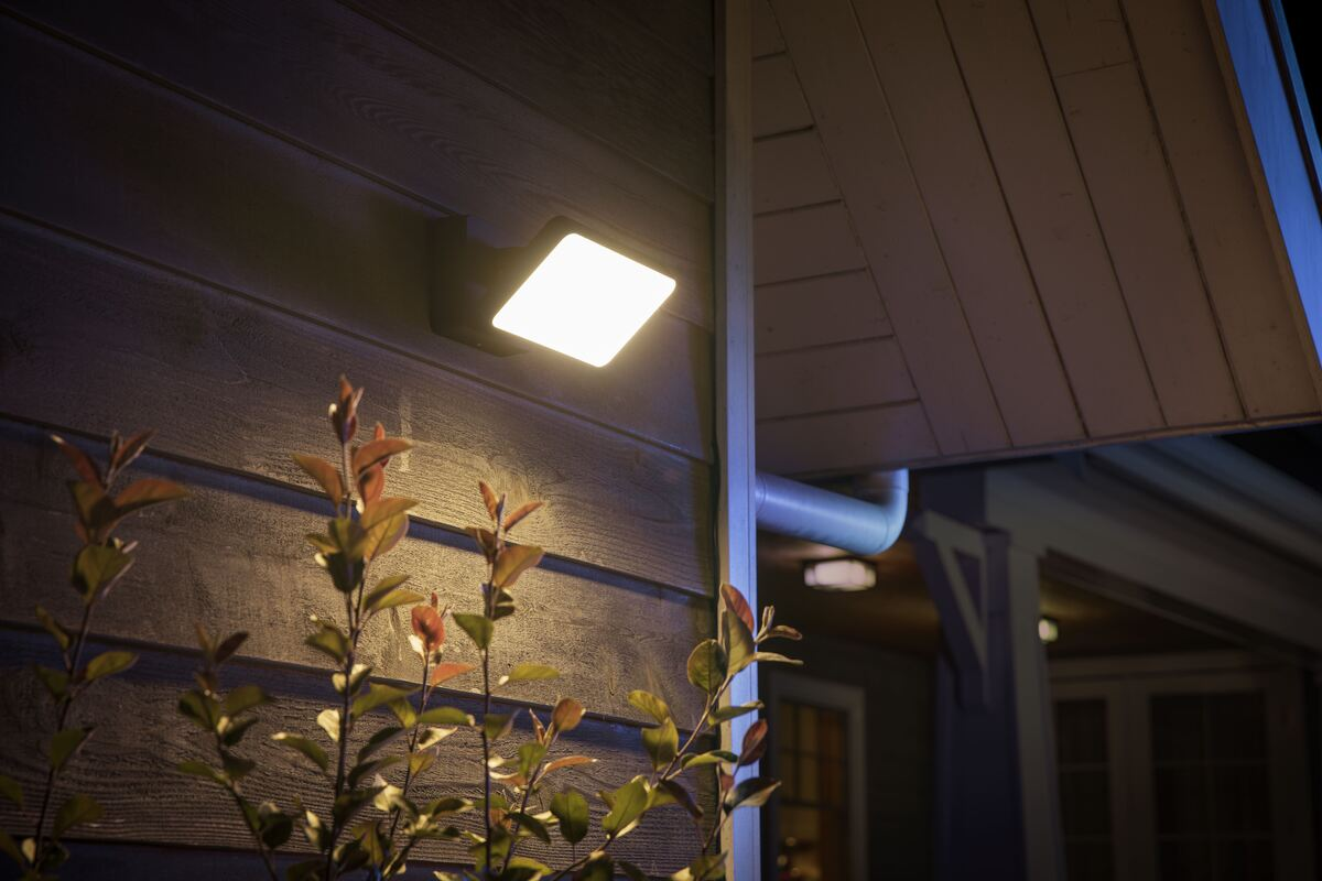 A bright square outdoor security light mounted on a wooden wall, illuminating a small plant at night.