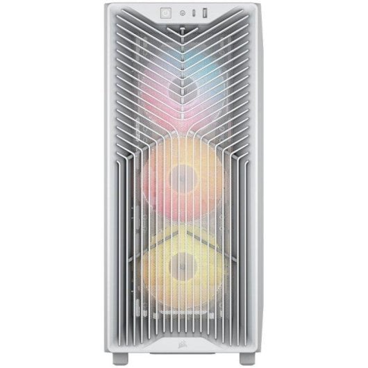 Biała obudowa komputera z geometryczną kratką przednią, siatką i trzema świecącymi wentylatorami RGB.