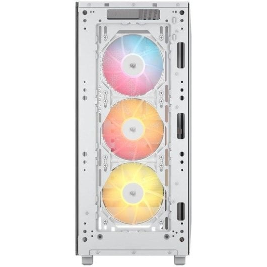 Biała obudowa komputera z trzema świecącymi wentylatorami RGB z przodu.