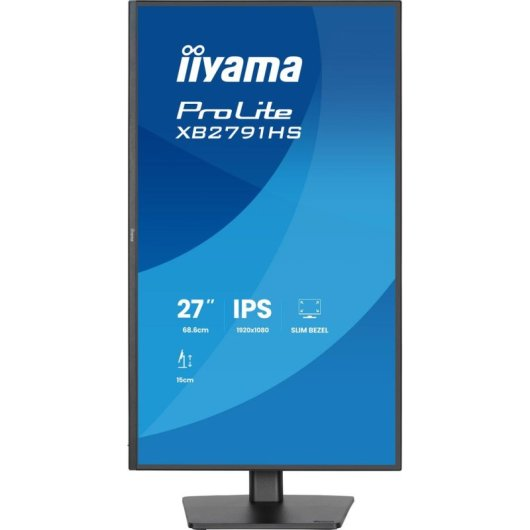 Pionowy monitor Iiyama ProLite XB2791HS z niebieskim ekranem i informacjami o produkcie na czarnej podstawce.