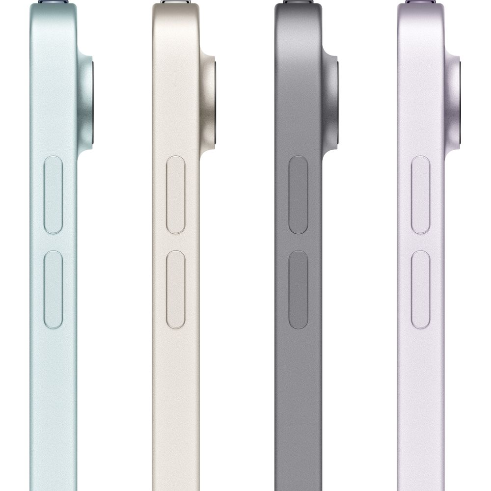 Vista laterale di quattro tablet in azzurro, oro, grigio scuro e viola con moduli fotocamera e tasti.