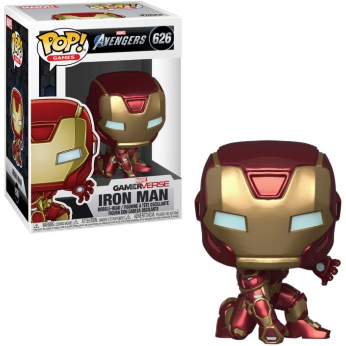 Iron Man Funko Pop-Figur in roter und goldener Rüstung, stehend vor ihrer Produktverpackung.