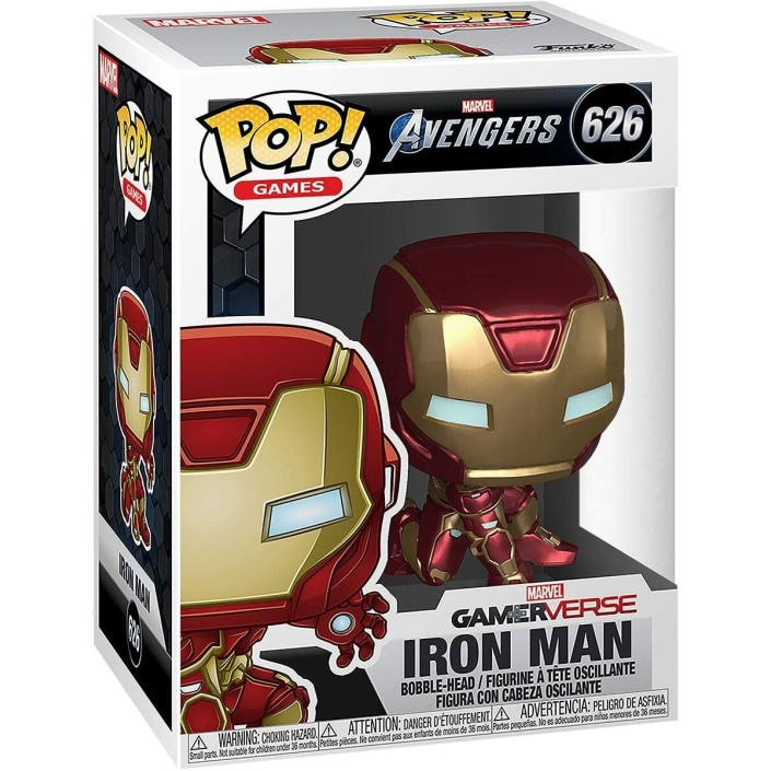 Eine Iron Man Funko Pop Figur im rot-goldenen Avengers Gamerverse Design in ihrer Originalverpackung.