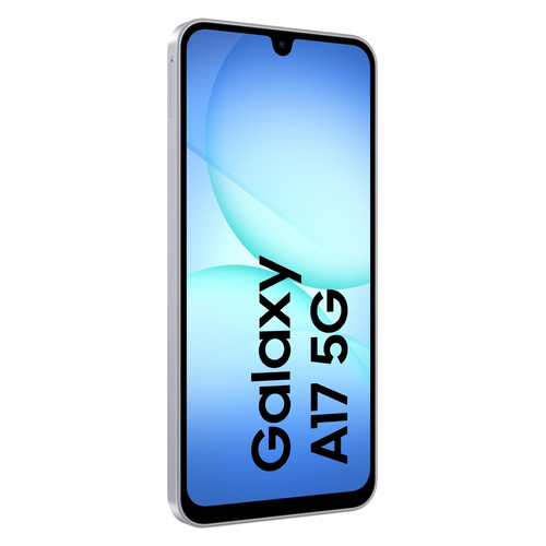Ein Galaxy A17 5G Smartphone in Silber mit blauem Hintergrund auf dem Display.