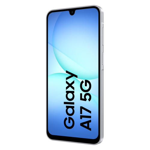 Ein weißes Samsung Galaxy A17 5G Smartphone zeigt den Text Galaxy A17 5G auf dem hellblauen Display.