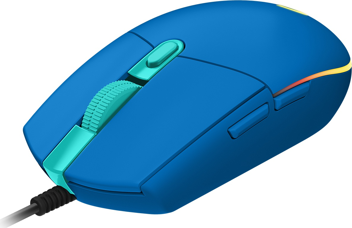 A blue wired computer mouse with turquoise scroll wheel and side buttons, viewed from the front left.