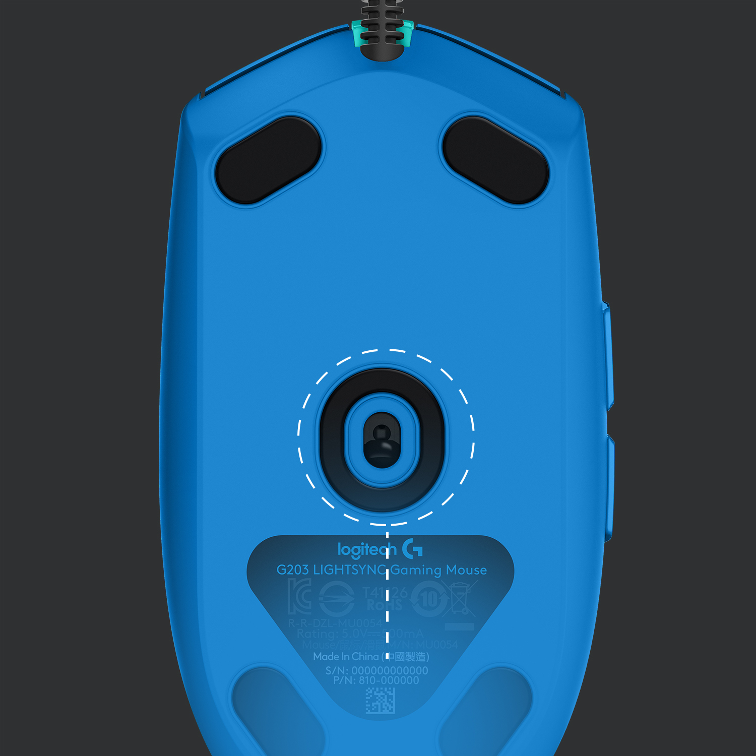 Underside of a blue Logitech G203 LIGHTSYNC gaming mouse showing its sensor and feet.