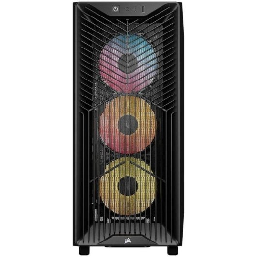 Czarna obudowa komputera z trzema trójkolorowymi wentylatorami RGB za siatkowym frontem.