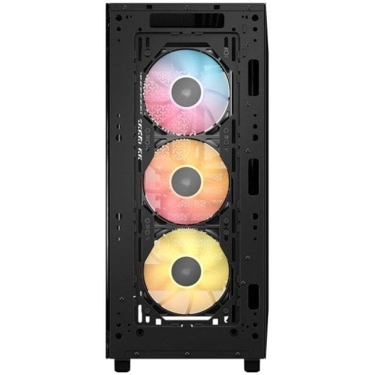 Czarna obudowa PC z trzema świecącymi wentylatorami RGB z przodu.