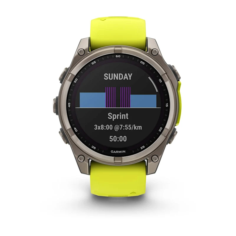 A sports watch with a yellow band displays a sprint workout plan with graphs and text on screen.