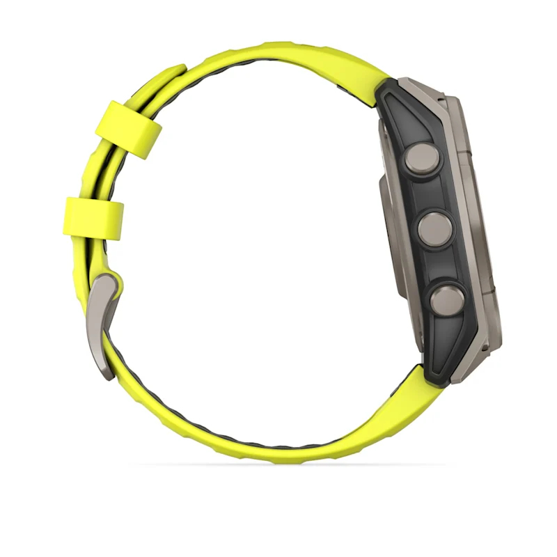 Side view of a sports watch with a yellow silicone strap and three buttons.