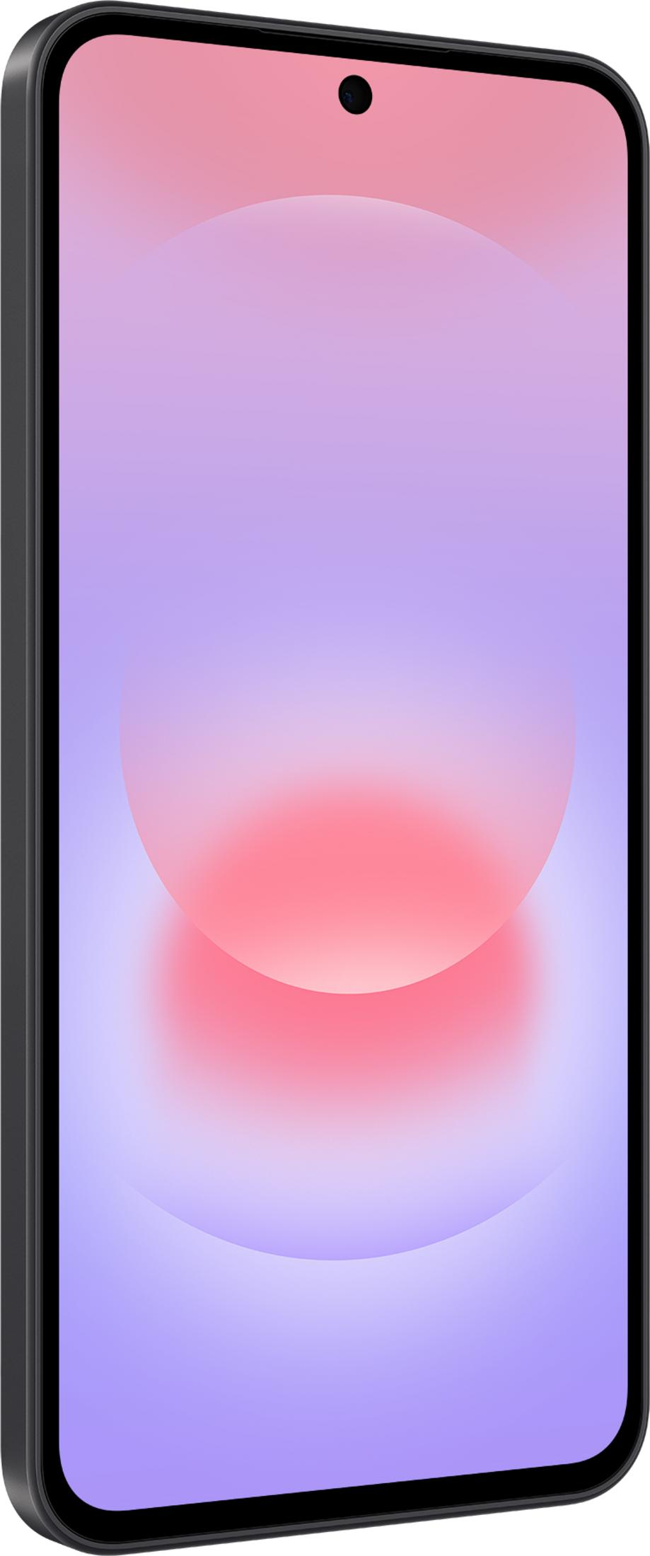 A black smartphone with a pink and purple abstract wallpaper and a top-center camera cutout.
