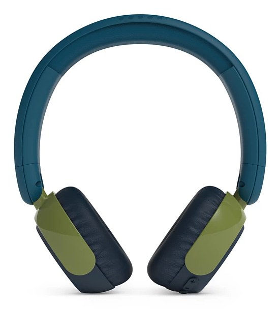 Blue and olive green on-ear headphones with soft ear cushions against a white background.