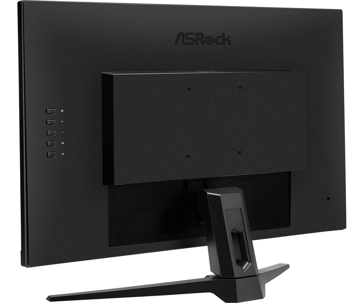 Rückseite eines schwarzen ASRock-Monitors mit VESA-Halterung, Tasten und Standfuß.
