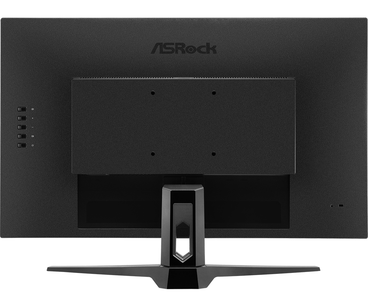 Rückseite eines schwarzen ASRock-Monitors mit VESA-Halterung und Ständer.