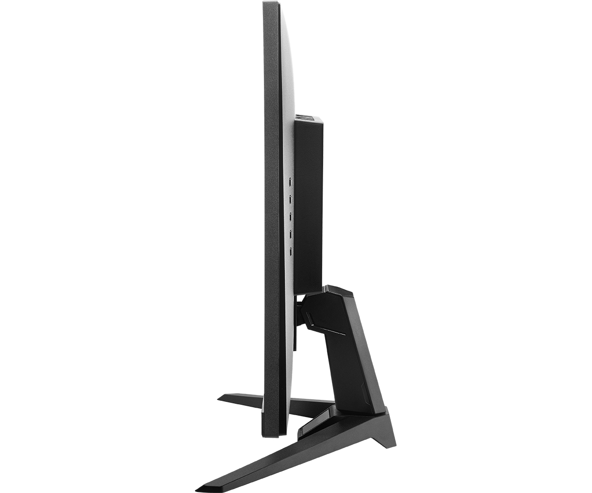 Seitenansicht eines schwarzen Monitors auf einem Standfuß vor weißem Hintergrund.