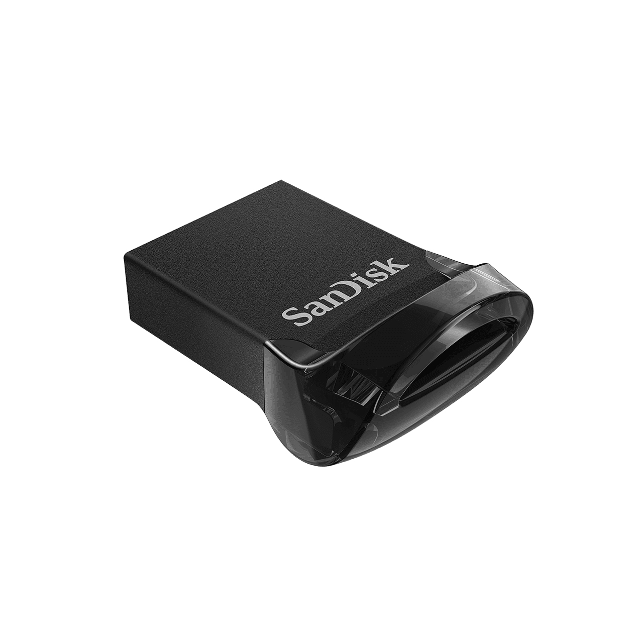 Beyaz arka planda yuvarlak, şeffaf kapaklı siyah bir SanDisk USB bellek.