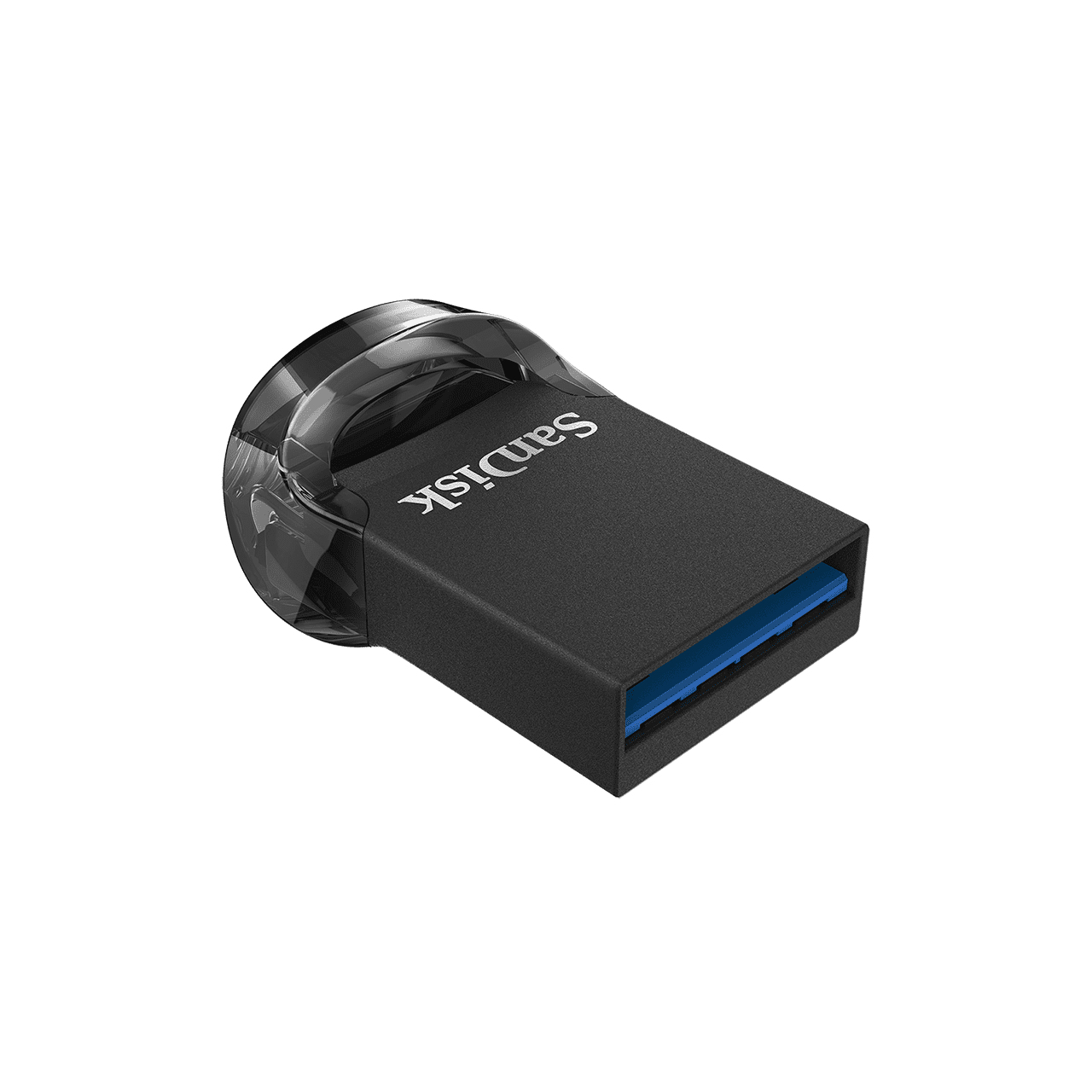Beyaz arkaplanda mavi portlu ve şeffaf uçlu siyah SanDisk USB bellek.