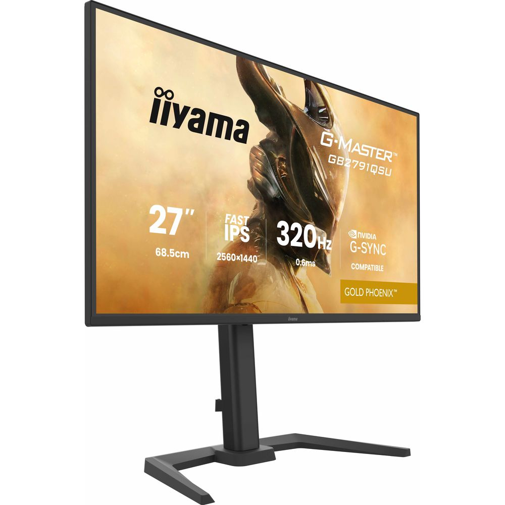 27-calowy monitor gamingowy iiyama G-Master z czarną podstawą i specyfikacją techniczną wyświetlaną na ekranie.