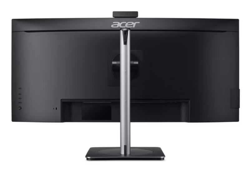 Widok z tyłu czarnego, zakrzywionego monitora Acer ze srebrną podstawką i kamerą.