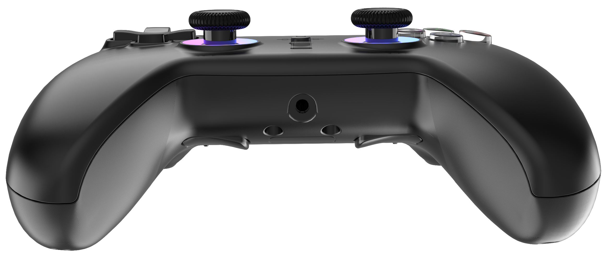 Controller di gioco nero visto dal basso, con due joystick, jack audio e impugnature testurizzate.