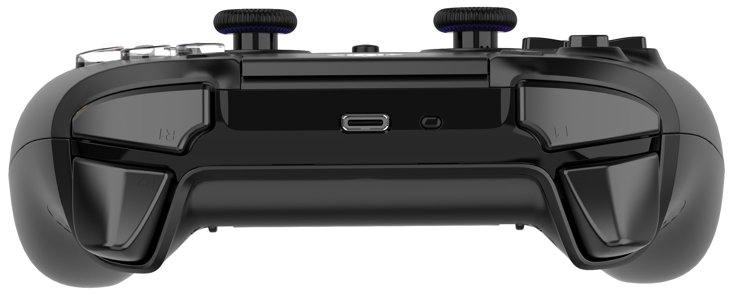 Vista frontale di un controller nero con porta USB-C e pulsanti dorsali su sfondo bianco.