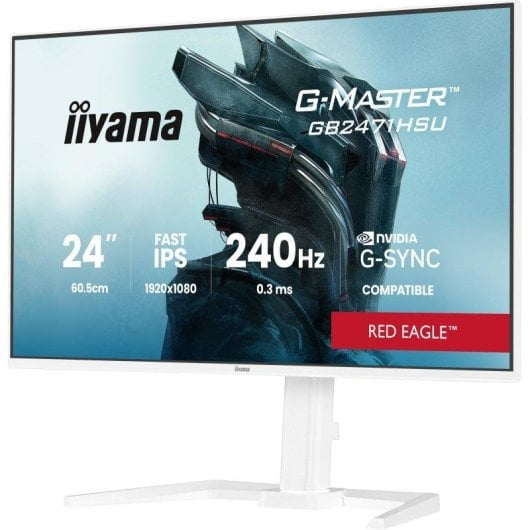 Biały monitor Iiyama G-Master z futurystyczną grafiką robota na ekranie.
