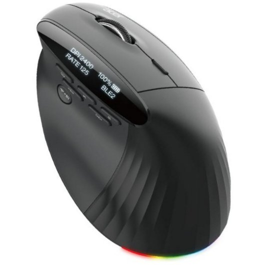 Czarna ergonomiczna mysz komputerowa z wyświetlaczem OLED i kolorowymi diodami LED.