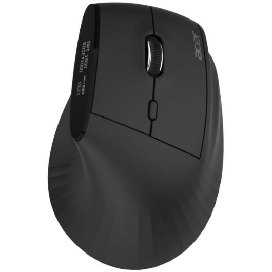 Czarna ergonomiczna mysz Acer z kółkiem przewijania i przyciskami na białym tle.