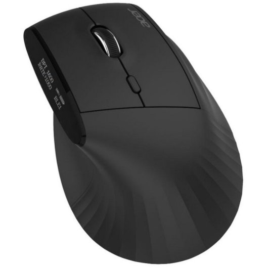Czarna mysz bezprzewodowa Acer z rolką przewijania i ergonomicznym kształtem na białym tle.