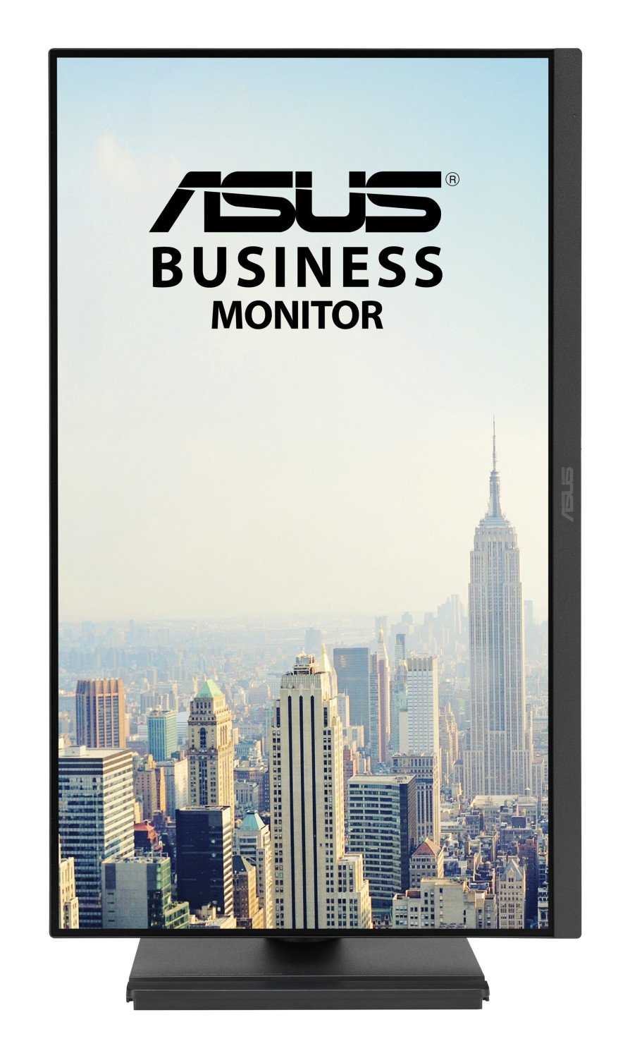 Dikey bir Asus Business Monitör, gün ışığında New York siluetini gösterir.