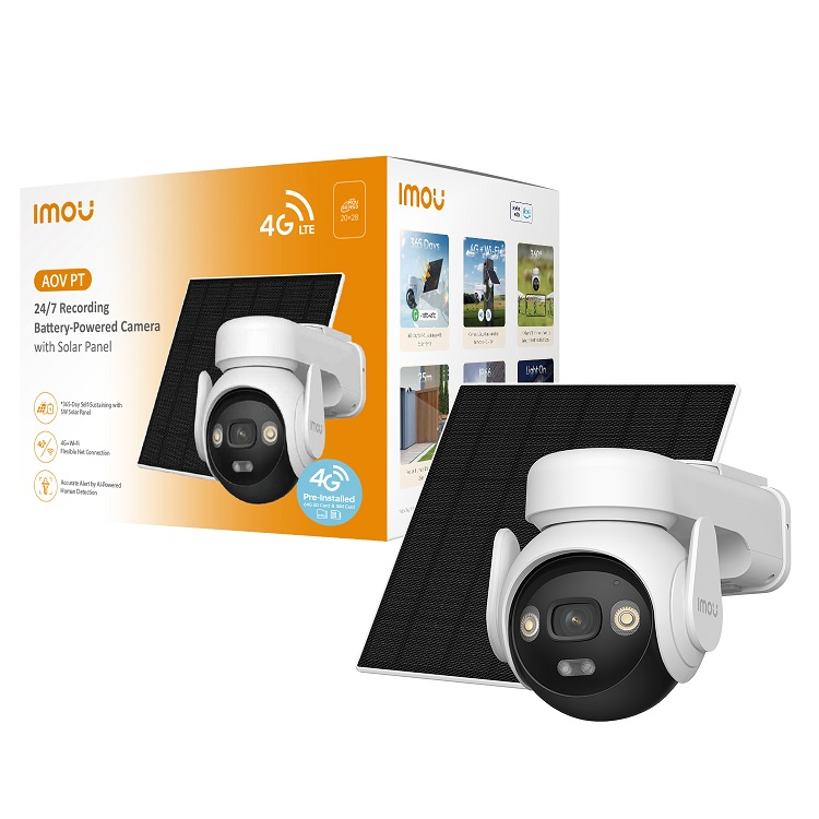 Weiße Imou AOV PT Überwachungskamera mit Solarmodul vor ihrer gelb-weißen Produktverpackung.