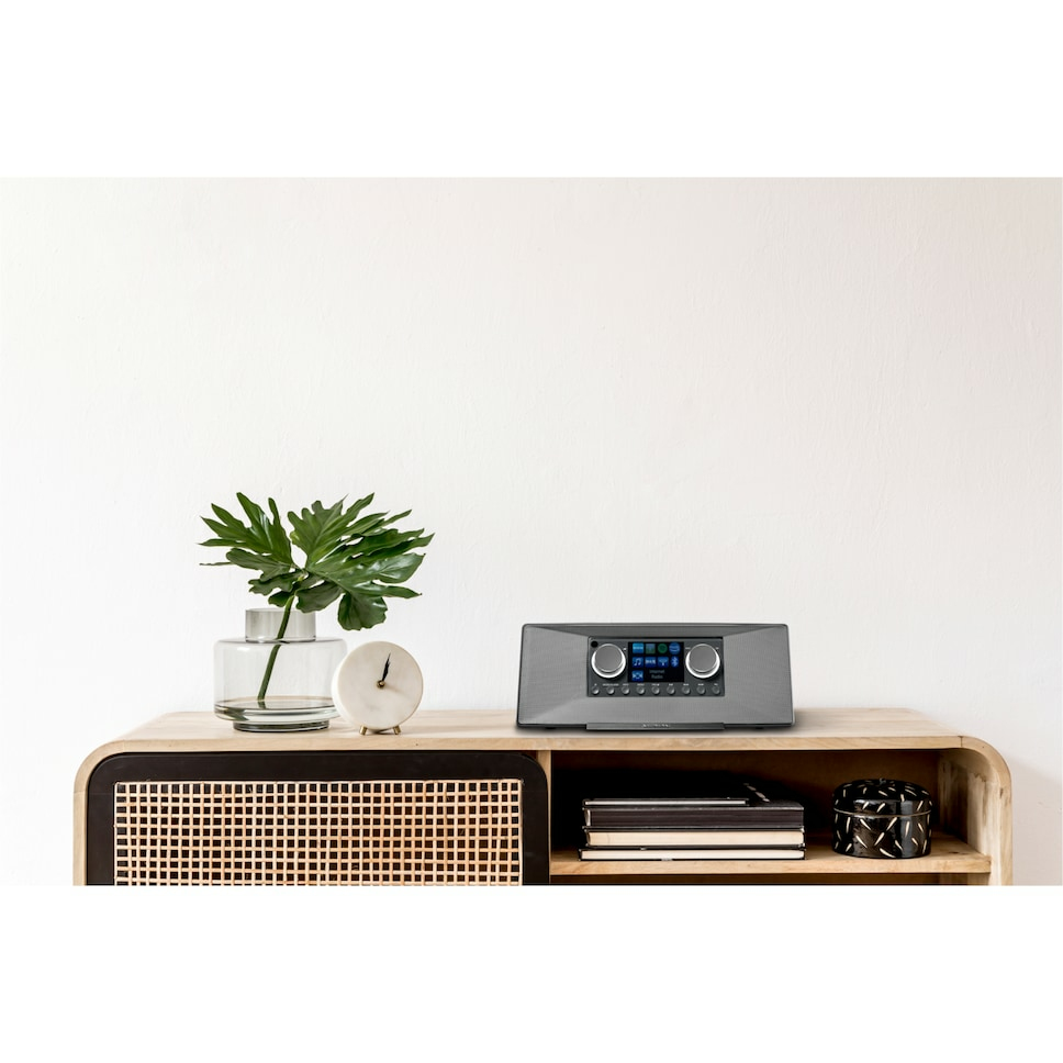 Una radio digitale grigia è posizionata su una cassettiera in legno accanto a una pianta in vaso e un piccolo orologio.