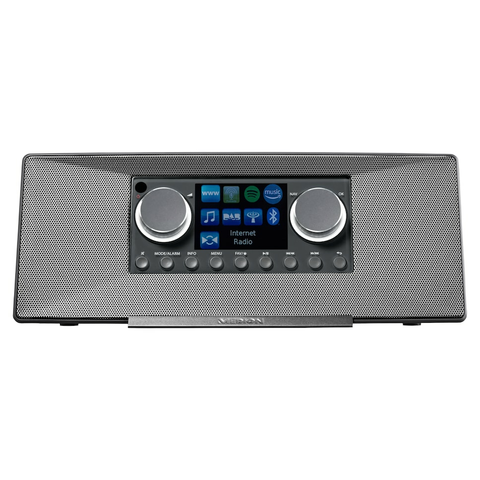 Radio internet nera con griglia frontale argentata, schermo LCD, manopole e pulsanti di controllo.