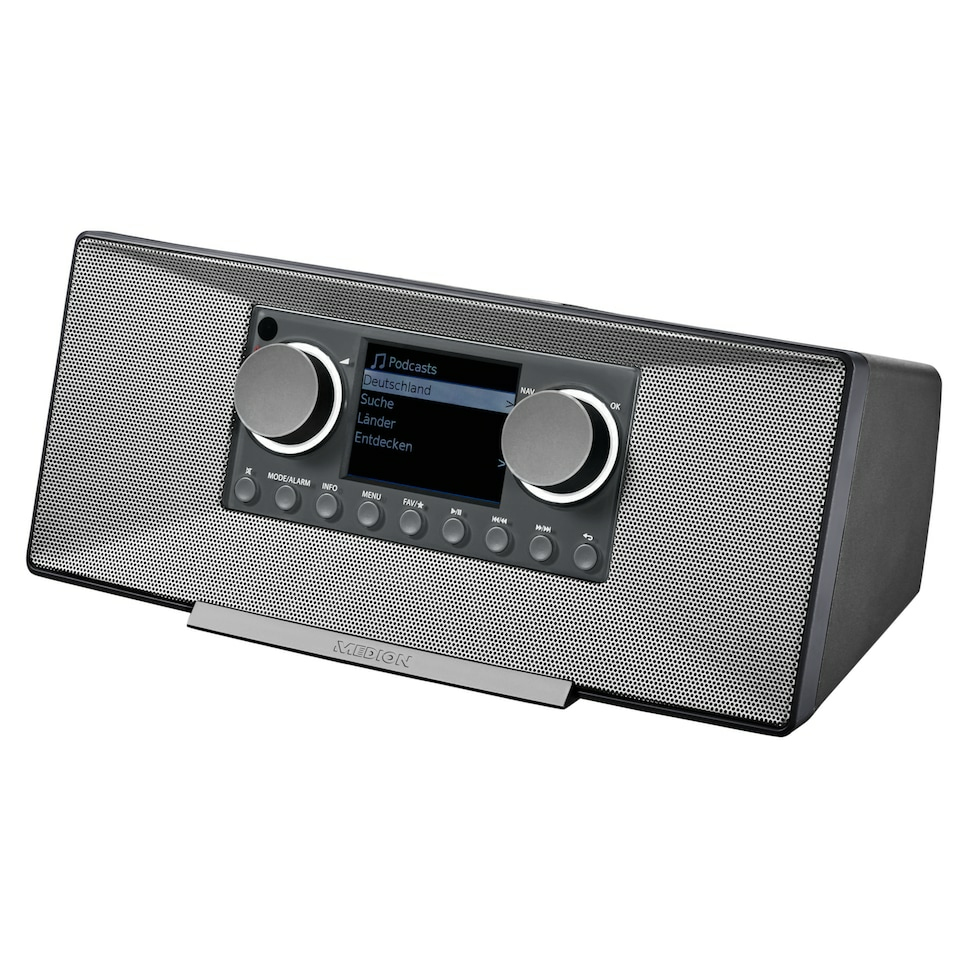 Radio digitale Medion nera con display, griglie altoparlanti argentate e due grandi manopole.