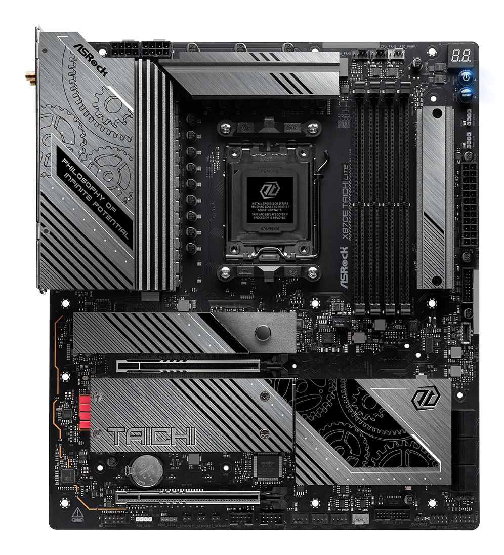 Szczegółowa płyta główna ASRock X870E Taichi Lite ze srebrnymi radiatorami i czarnymi detalami.