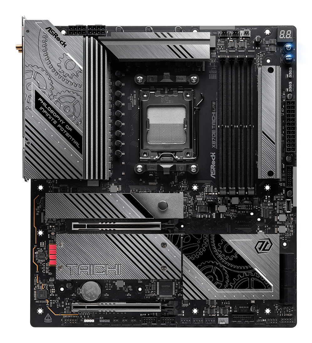 Szczegółowa płyta główna ASRock X870E Taichi Lite z czarnym PCB i srebrnymi radiatorami.